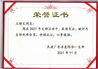王晓文律师获得2021年支部活动评为支部优秀委员